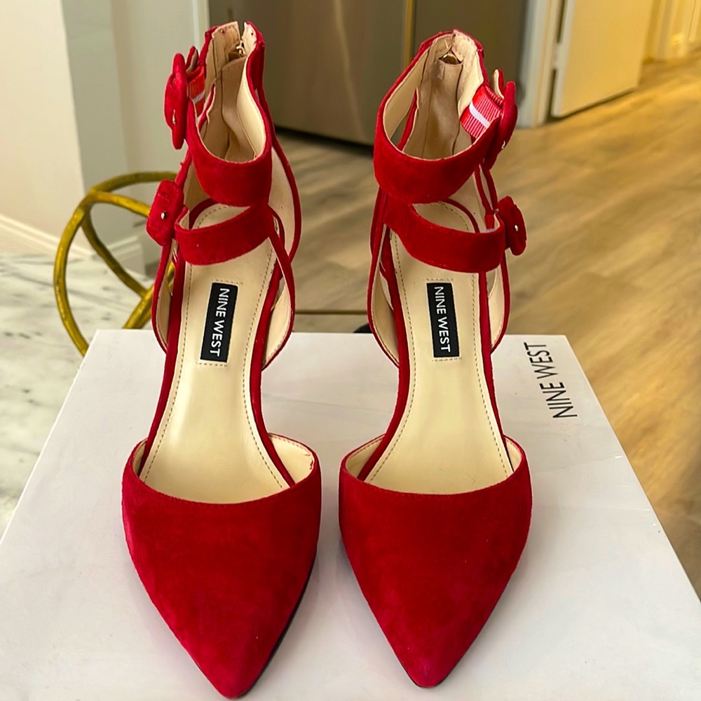 Nine West Tereza Red Suede Double Strap Point Toe Heels